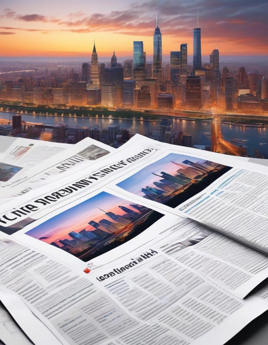 An open newspaper with vibrant articles discussing opinion pieces and trending topics, surrounded by diverse community members engaging in conversation and sharing ideas. Include a dynamic city skyline in the background to represent community news. The color palette should be lively and eye-catching. super-realistic. vibrant colors. 3D.