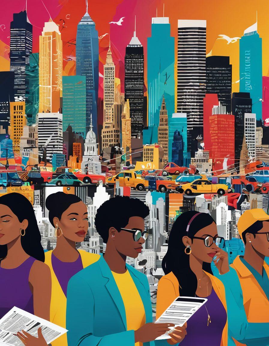 An artistic collage blending news headlines and cultural symbols, featuring a bustling city skyline in the background. Include diverse individuals engaging with digital devices, representing different lifestyle trends. Incorporate elements of art, music, and fashion to convey a vibrant cultural tapestry. The color palette should be vivid and eye-catching, with a modern design aesthetic. vibrant colors. vector art. dynamic composition.